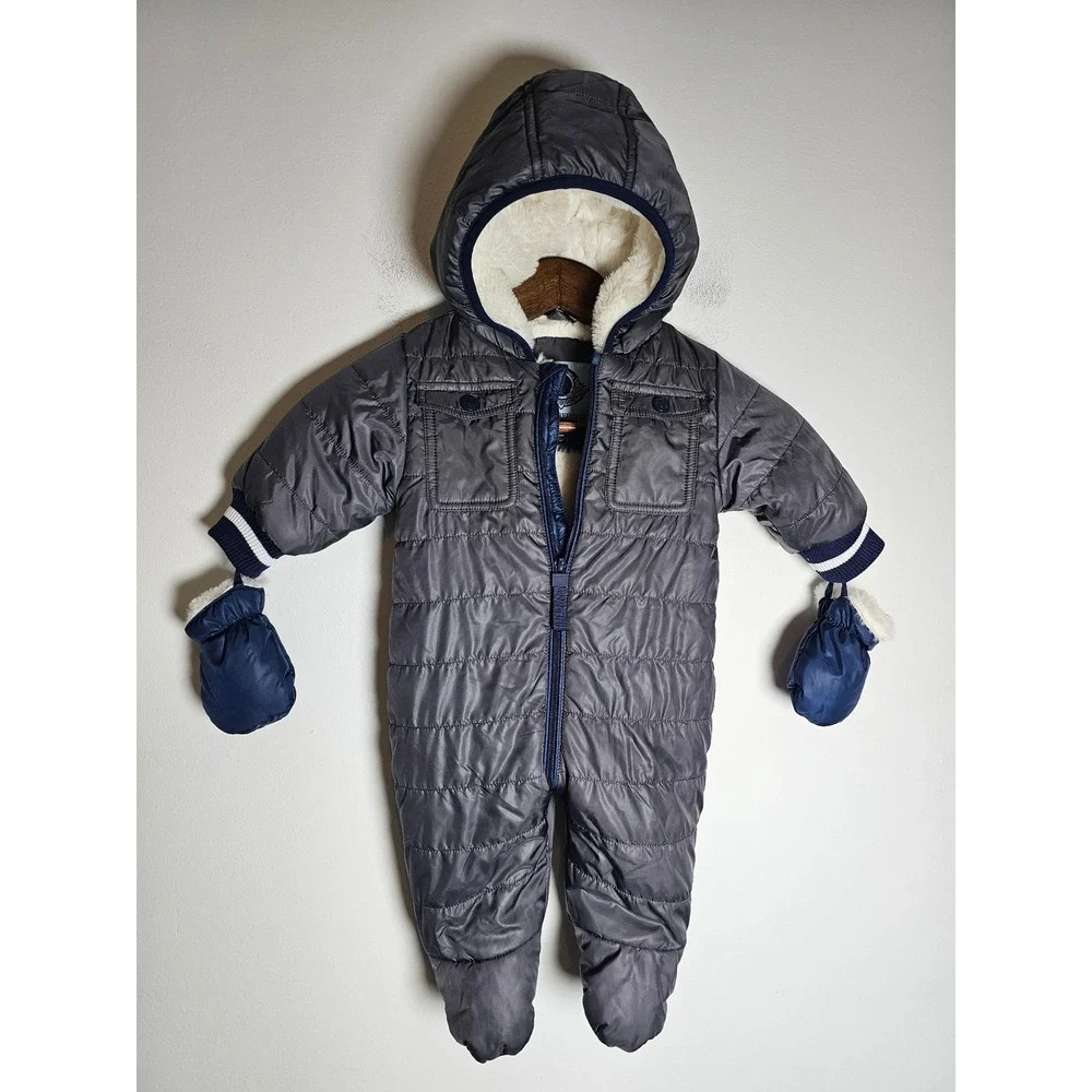 Winter Urban Republic Pram Suit Baby Boy 3M Gray Quilted Faux Fur Hooded Mittens